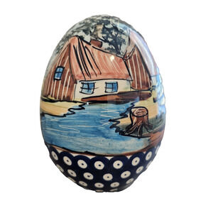 Folk Art Hand Painted Ceramic Egg Decor Glazed Cottage Rustic Farmhouse 6"